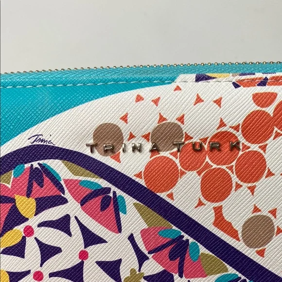 Trina Turk Zip Around Continental Vegan Wallet Colorful Geometric Turquoise - Picture 3 of 10